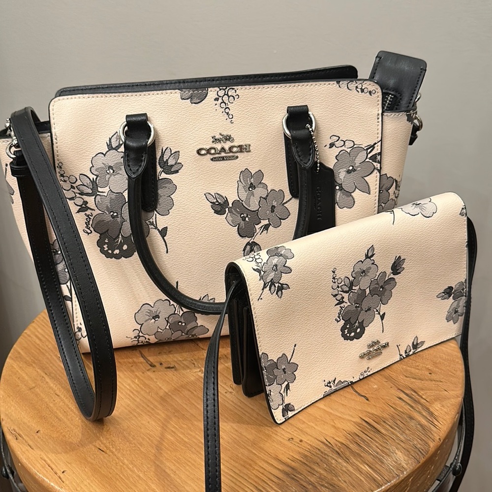 Coach Leah Satchel with Fairy Tale Print with matching crossbody wallet